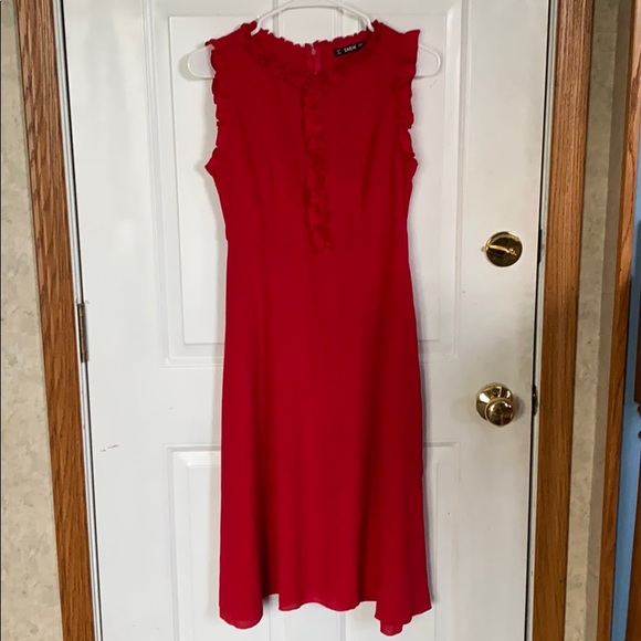 Red Ruffle Trim Sleeveless Fit and Flare Dress - Picture 4 of 6